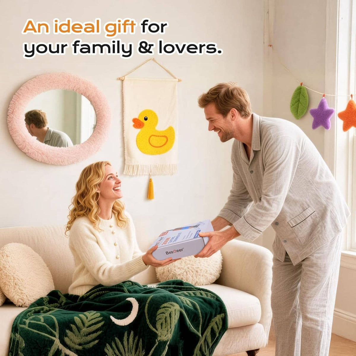 Family gift scene with carpet tufting trimmer kit box held on a living room couch