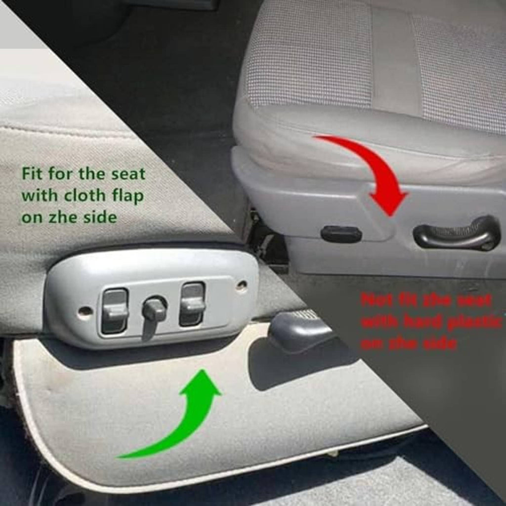 Gray front seat cover with side cloth flap and perforated insert panel visible.