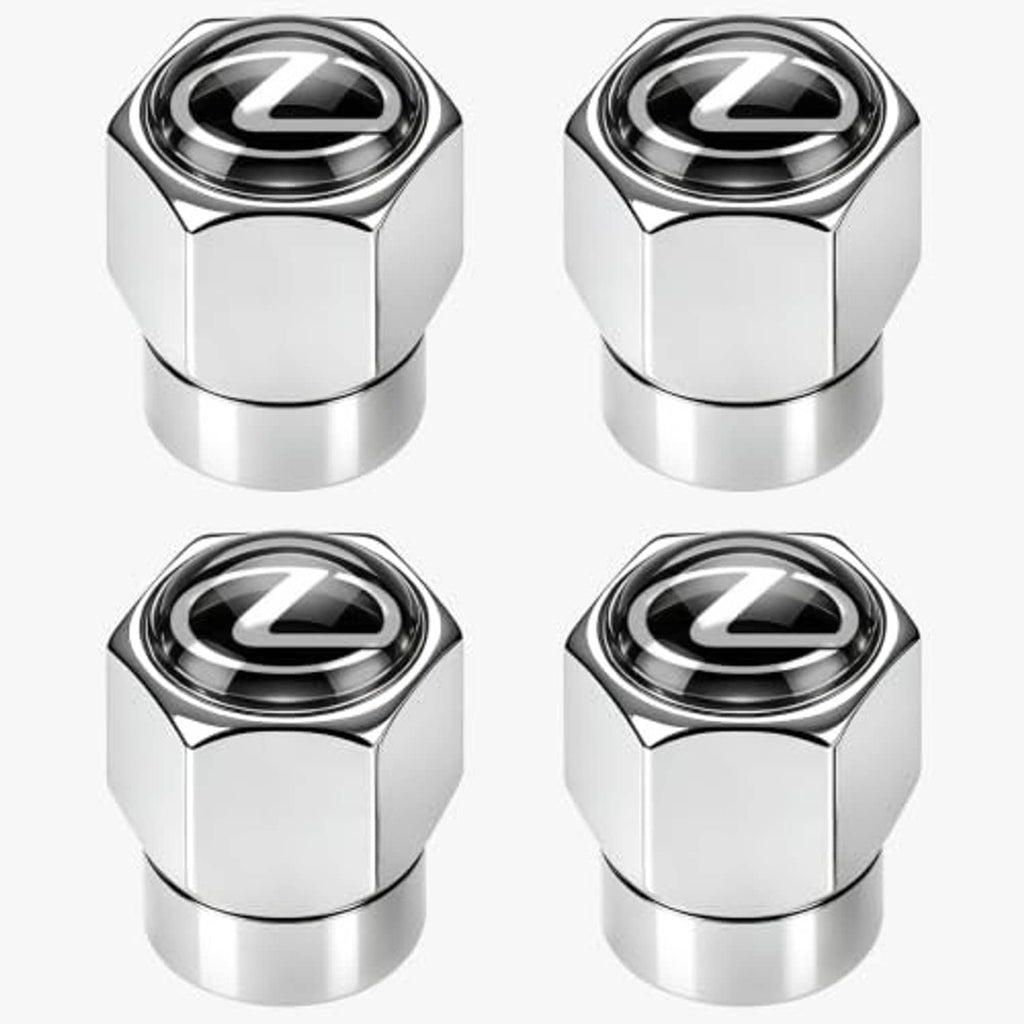 Four chrome tire valve stem caps, black center emblem on each cap