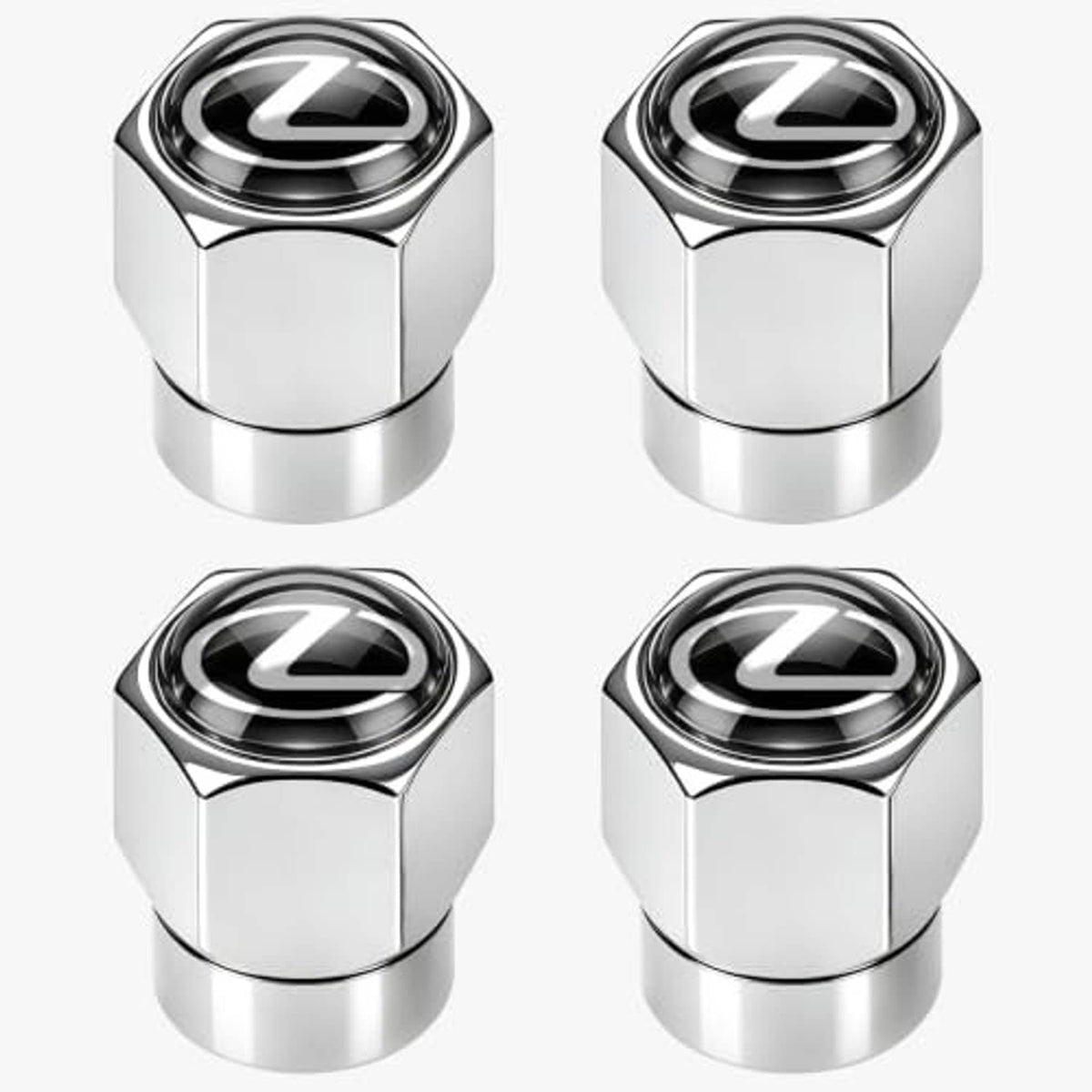 Four chrome tire valve stem caps, black center emblem on each cap