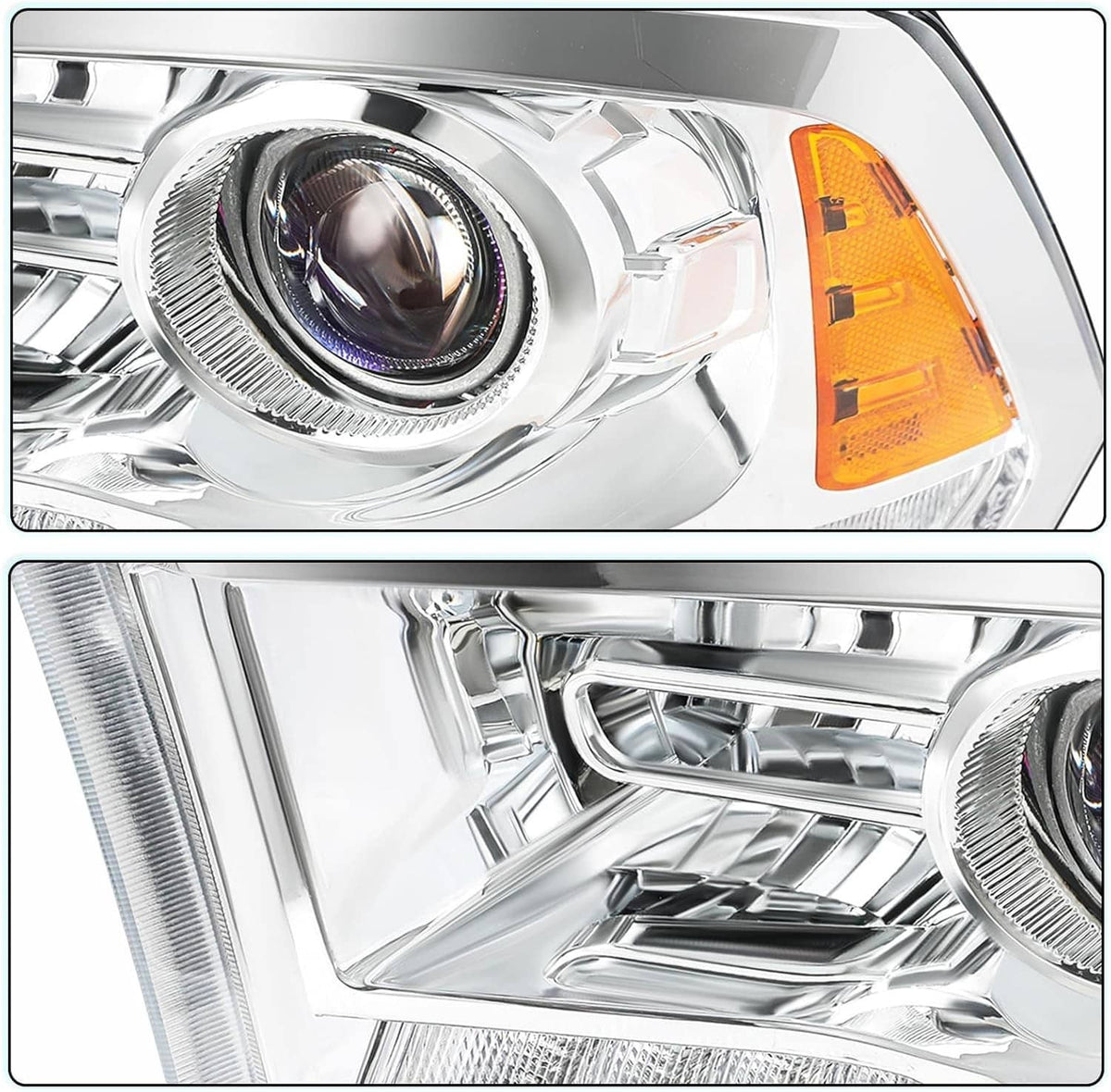 Close-up chrome projector headlight lens with amber side marker and reflector