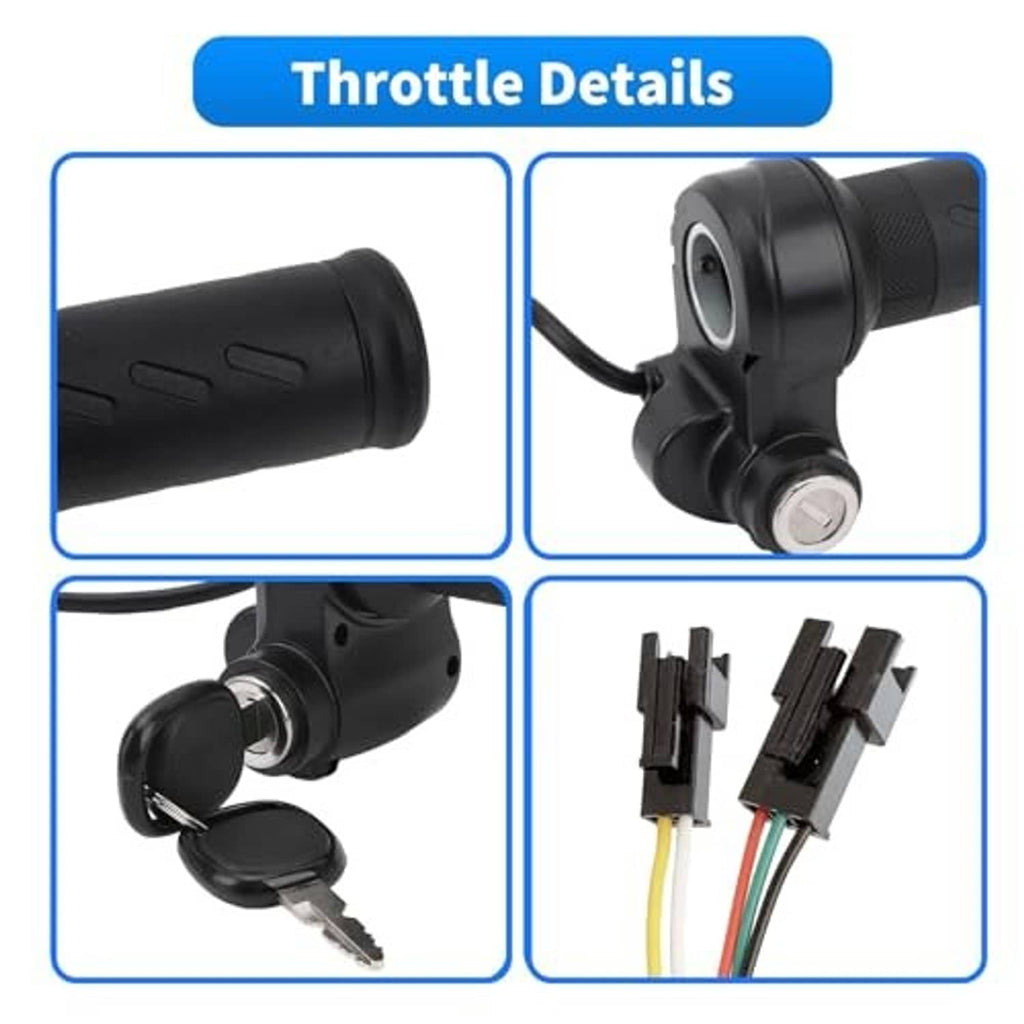 Twist throttle details: black grip, key switch, and plug connectors with wires