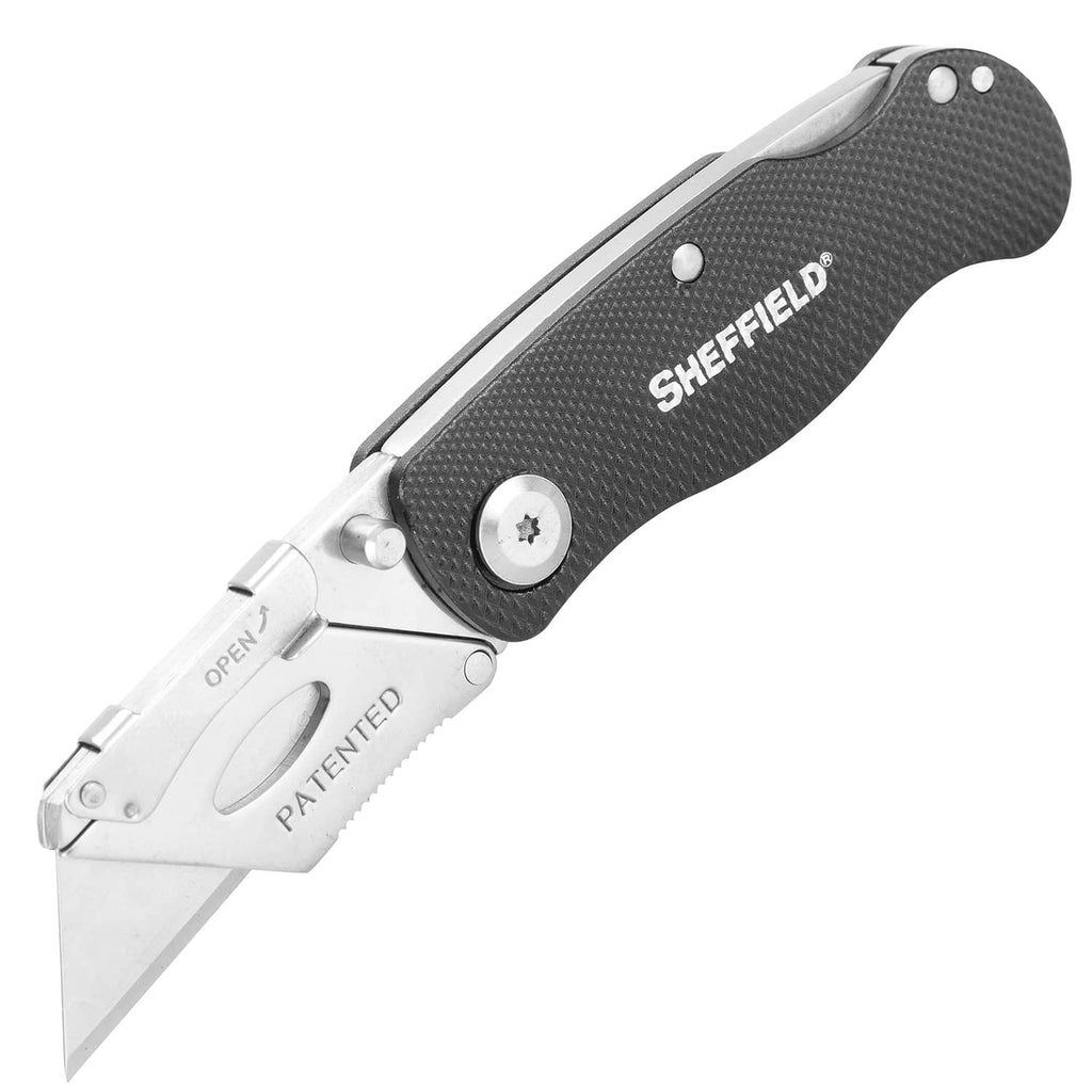 Folding utility knife with black textured handle and stainless blade, quick-change design