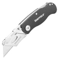Folding utility knife with black textured handle and stainless blade, quick-change design