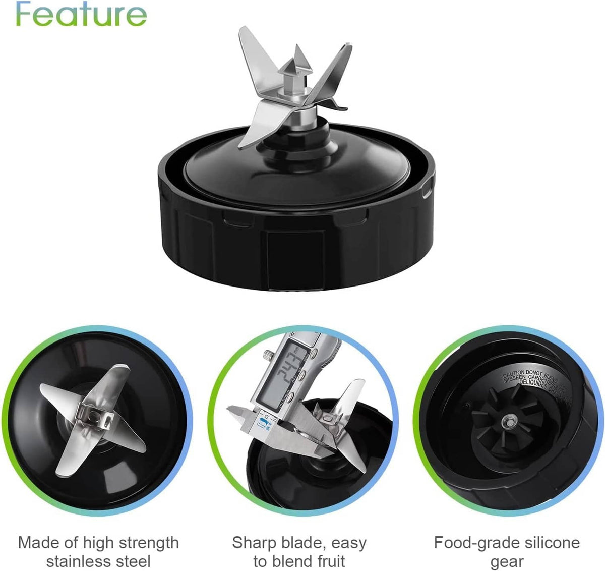Black 7-fin blender blade extractor replacement parts with gasket and blade details