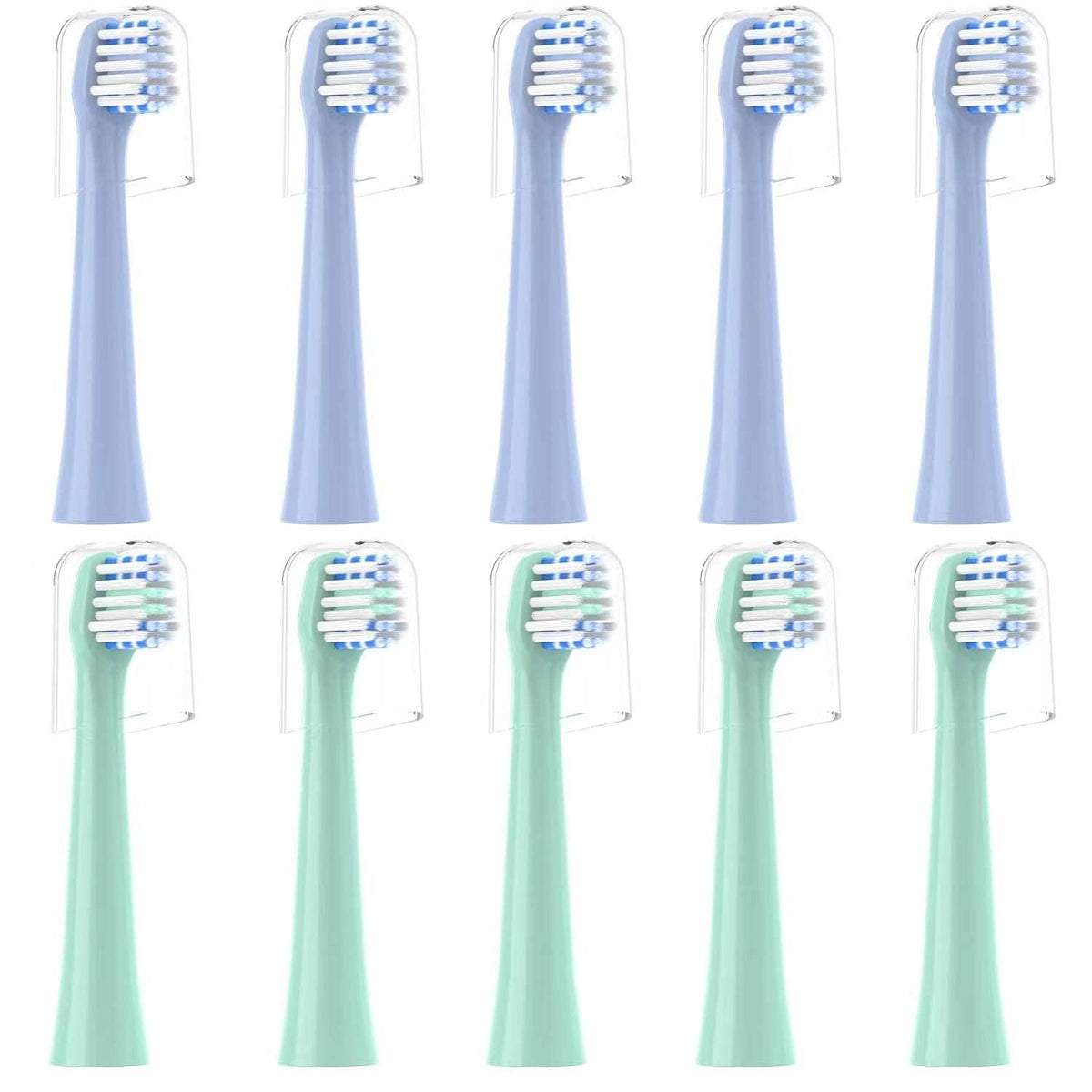 Replacement electric toothbrush heads, blue and green handles, 10-pack with protective caps
