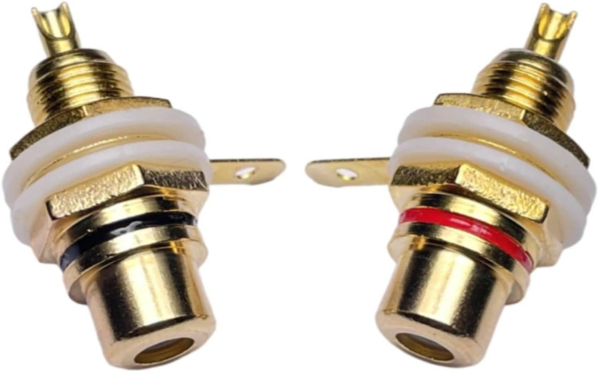 Gold-plated panel-mount audio jack sockets, back terminals visible, red and black insulator rings.