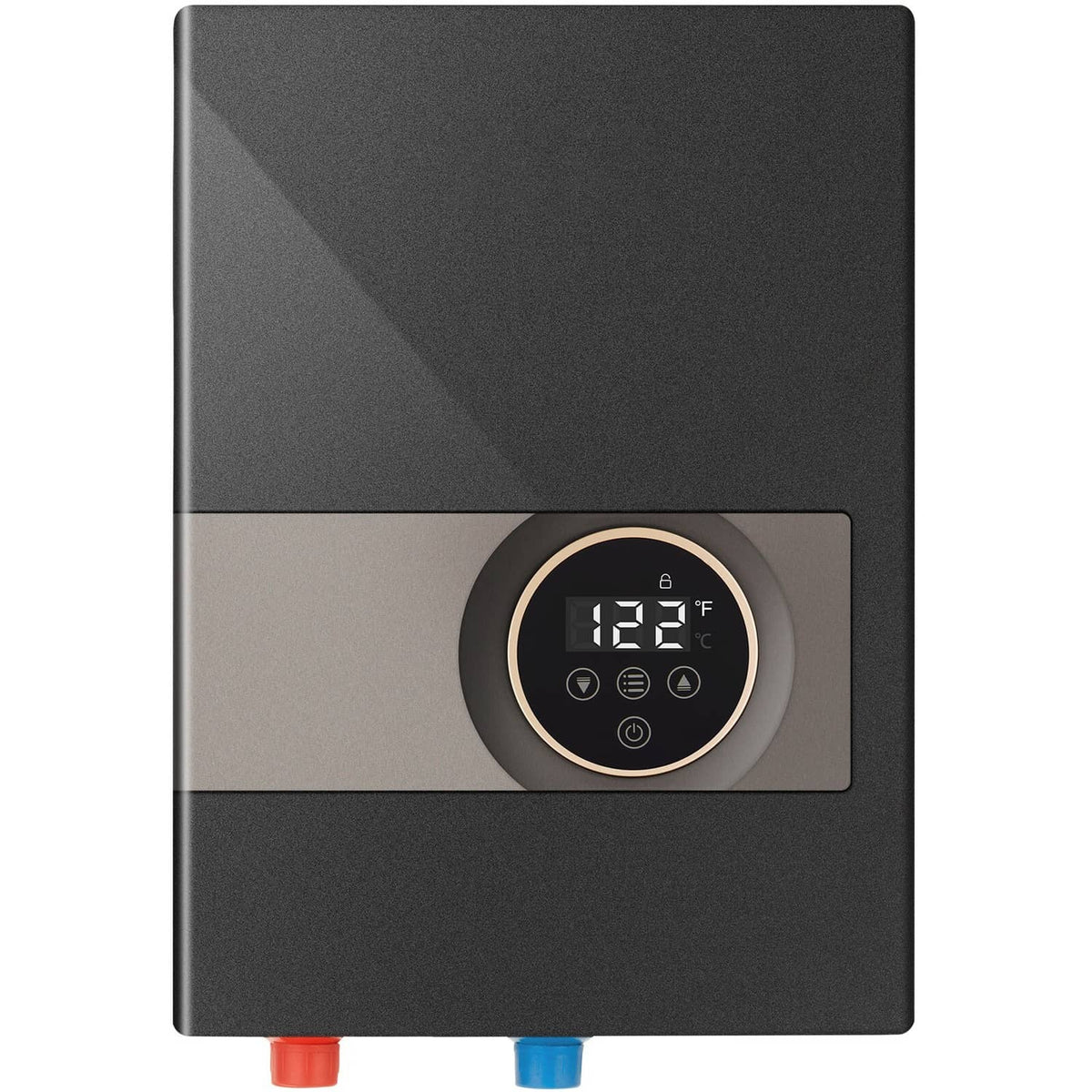 Electric tankless water heater front panel with LED temperature display, red and blue ports