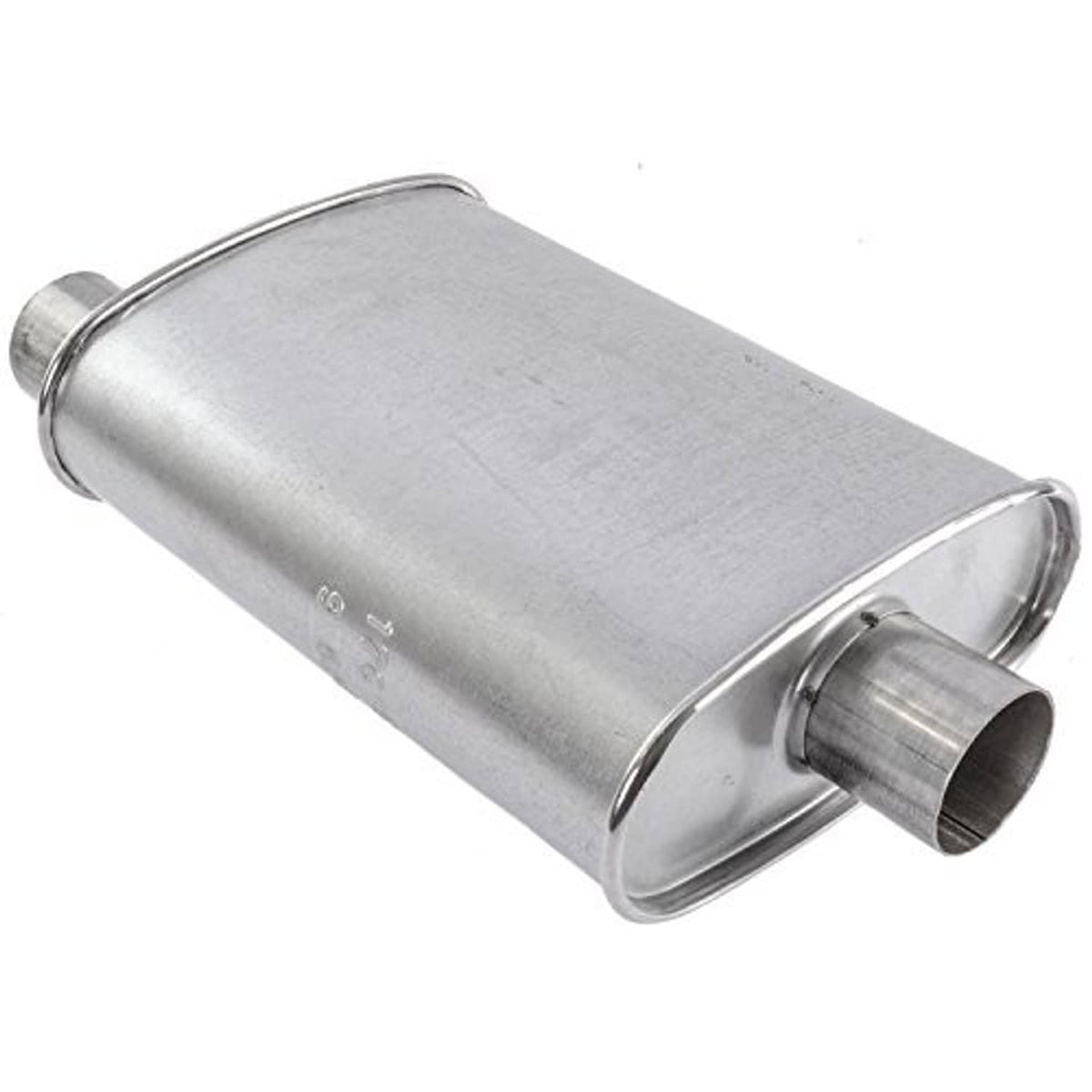Stainless steel exhaust muffler with side outlet tip and rounded end caps, angled view