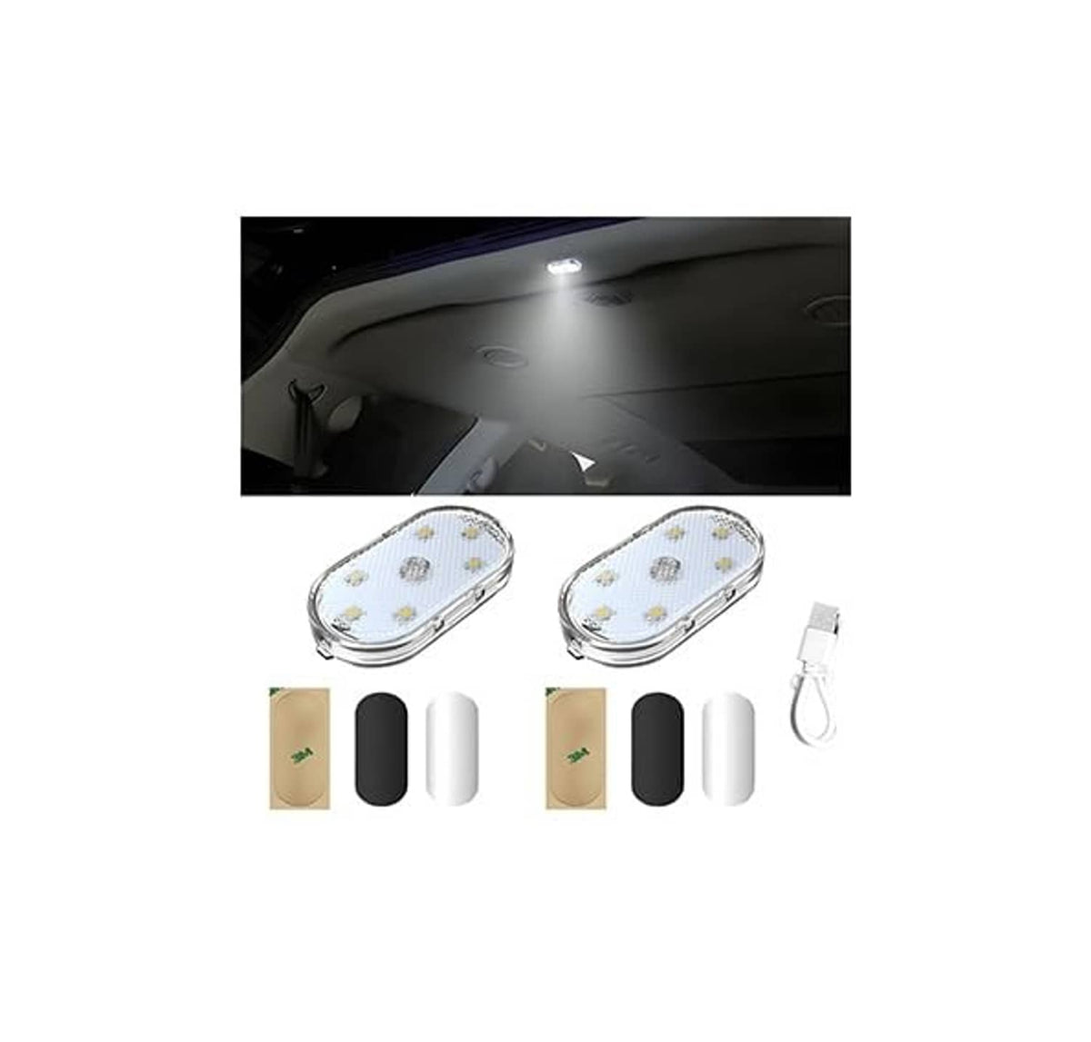 Two oval wireless magnetic LED car interior lights with USB cable and black/white holders