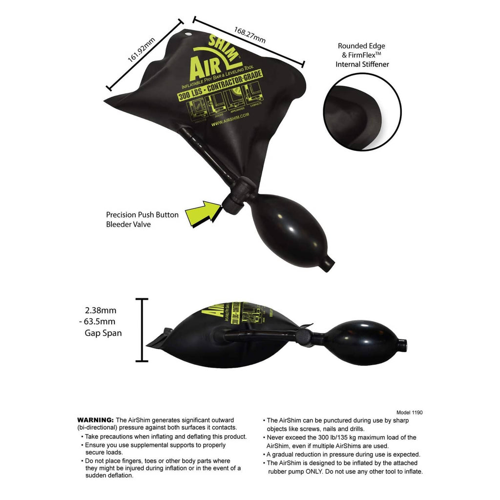 AirShim inflatable pry bar and leveling tool with rounded end and internal bladder