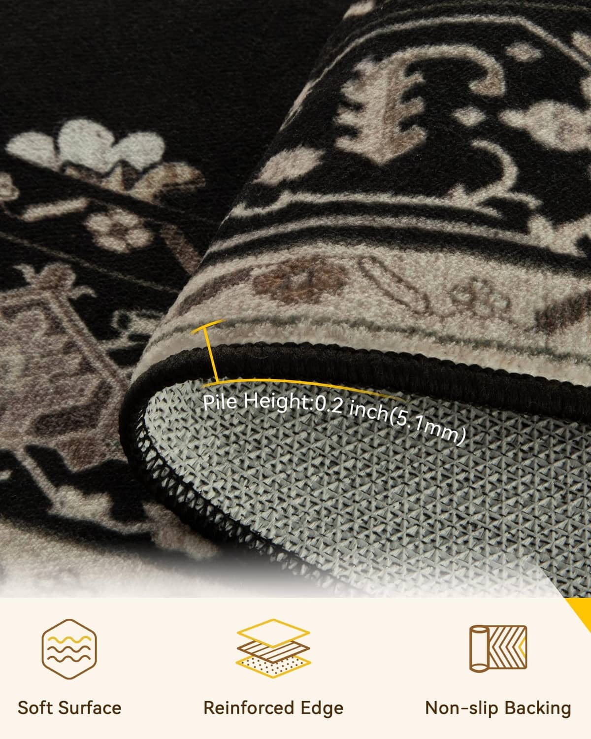 Round rug close-up with patterned surface and textured gray non-slip backing