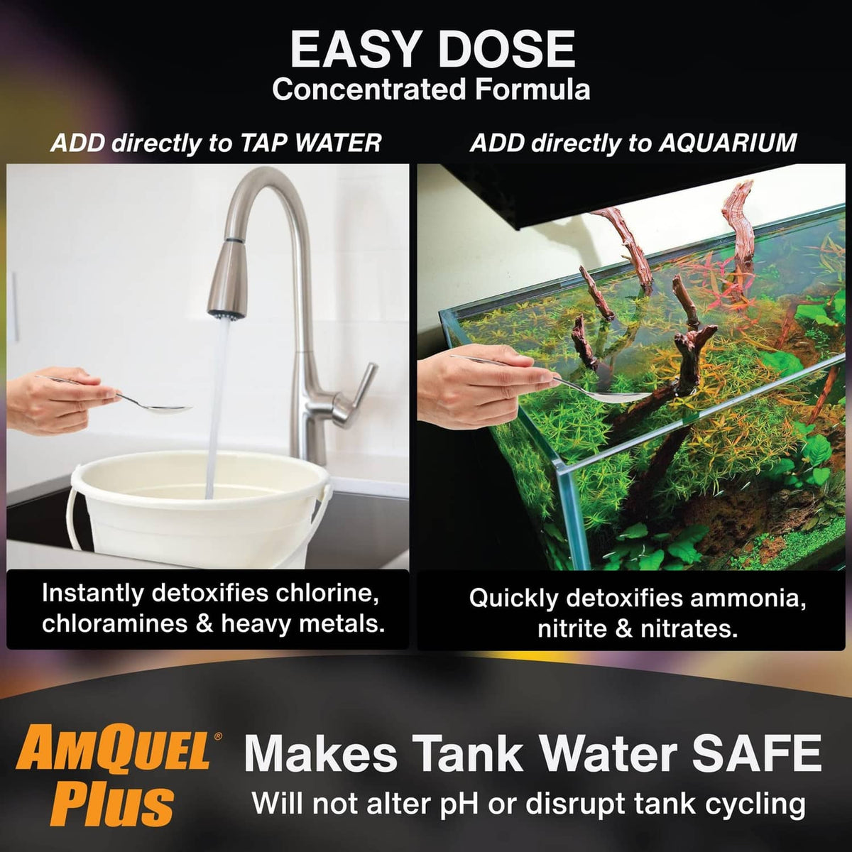 Aquarium conditioner usage graphic showing dosing directions for tap water and aquarium