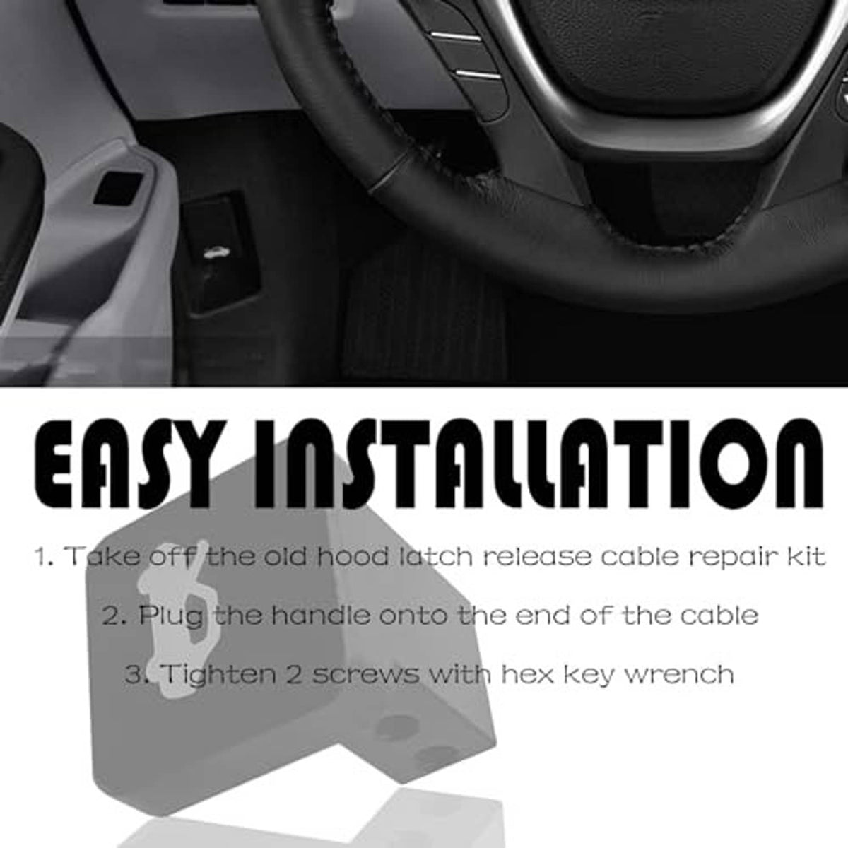 Black hood latch release handle with screws, set for easy installation