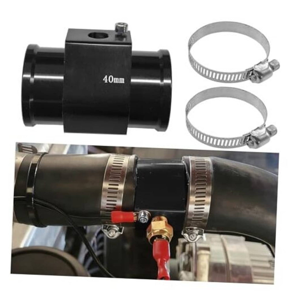 Black 40mm water temperature sensor joint pipe with two metal hose clamps