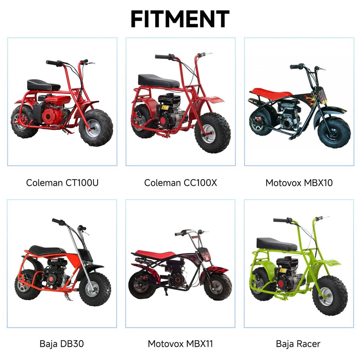 Mini bike chain tensioner fitment chart for select mini bikes and engines