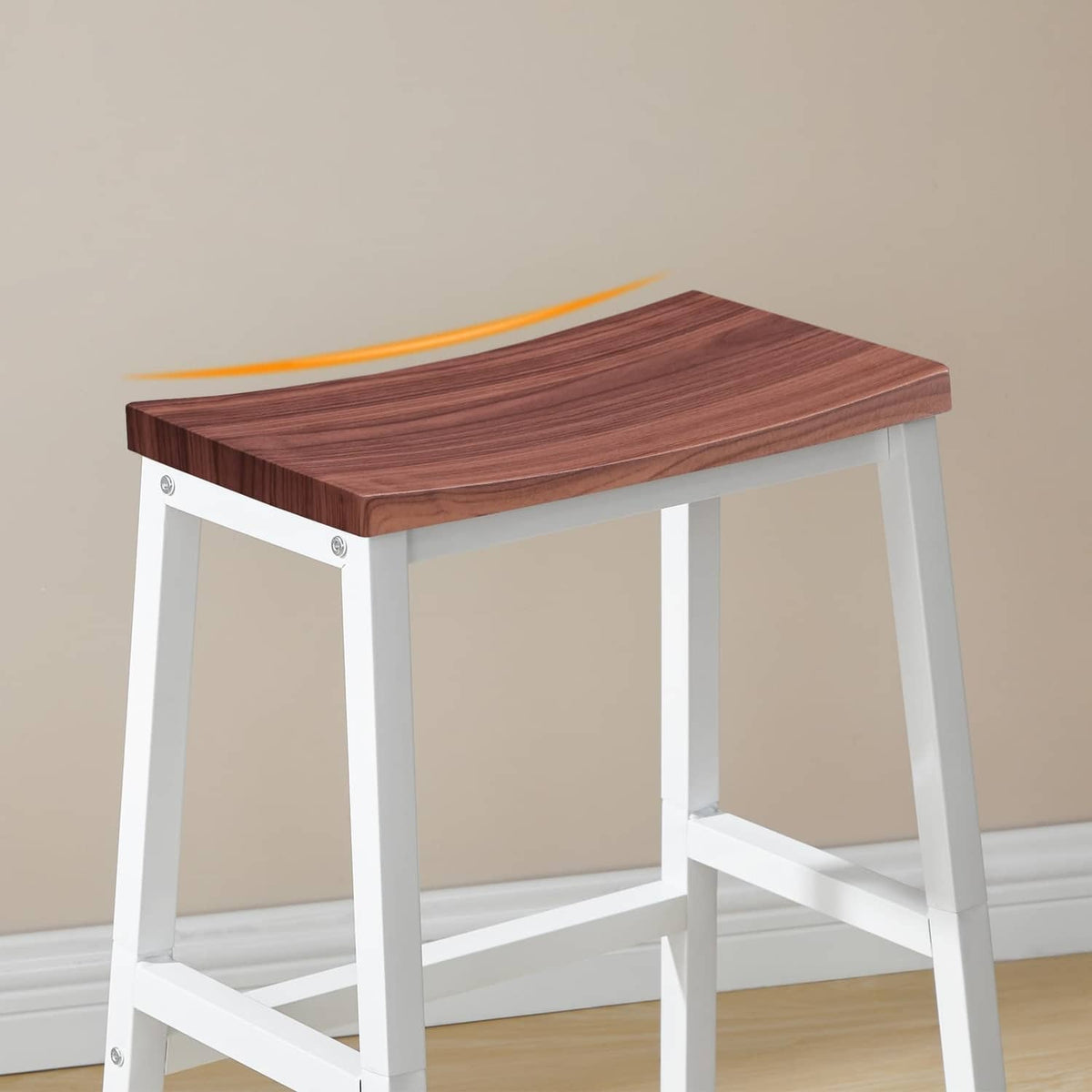 Walnut-top bar stool with white frame and lower footrest, front 3/4 view