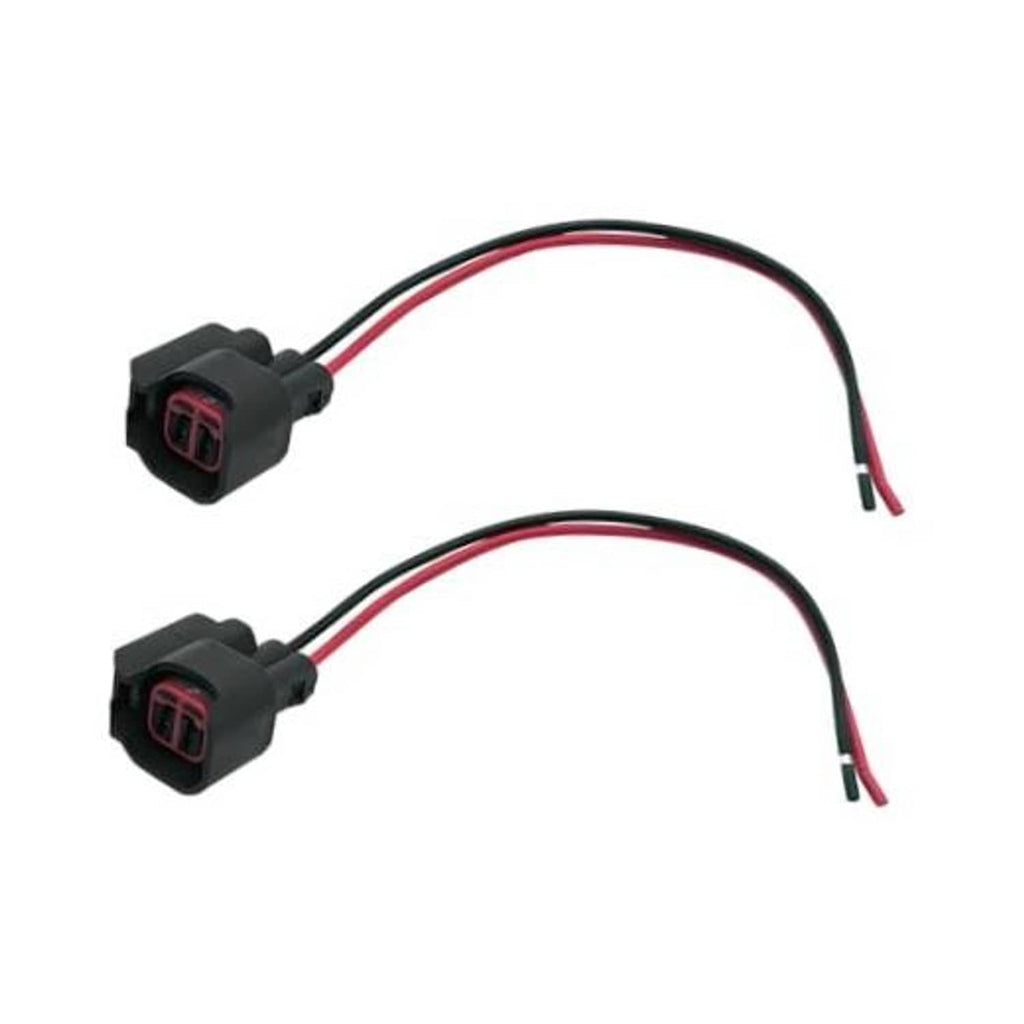 Fuel injector connector 2-pack with black housing and red wire leads, two matching sockets