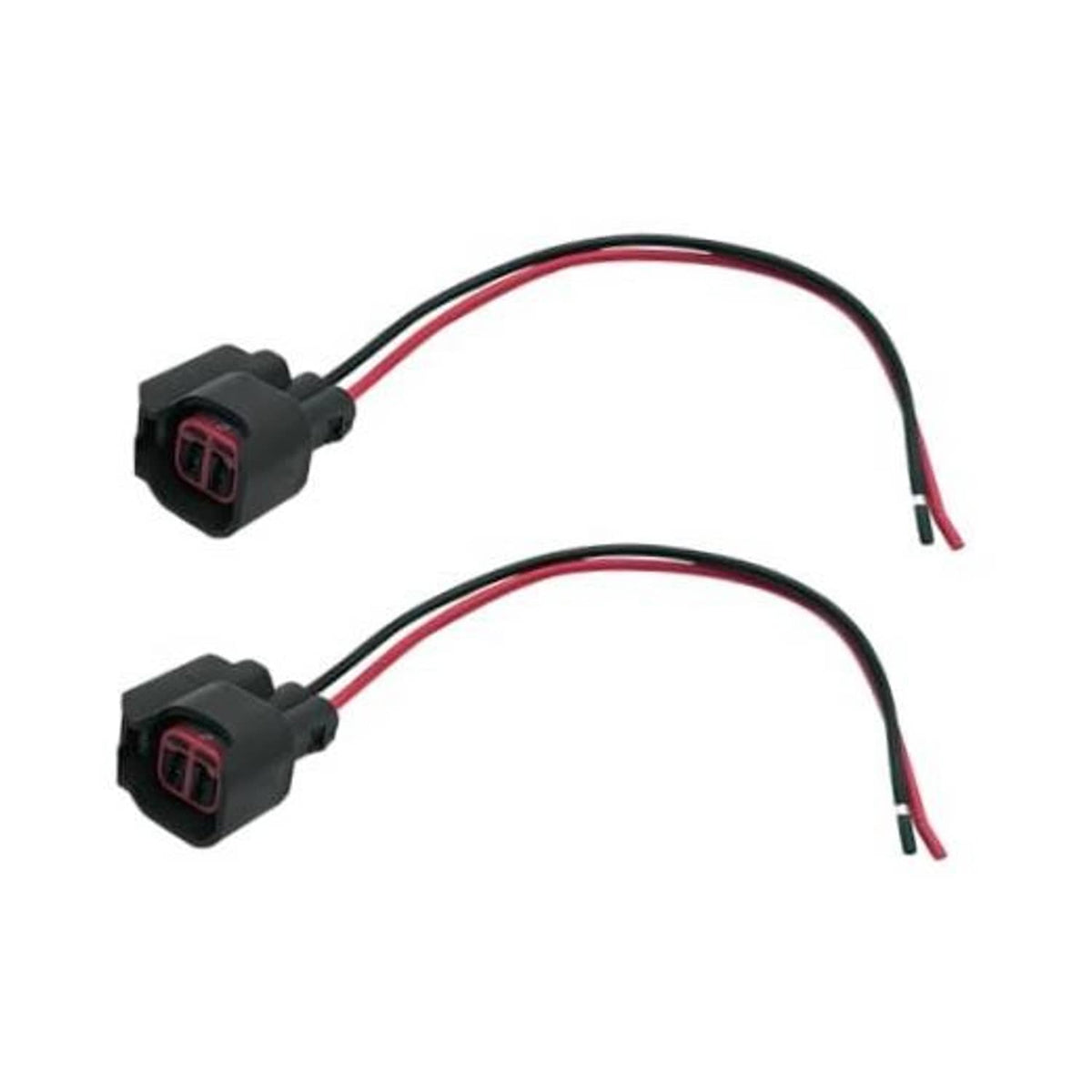 Fuel injector connector 2-pack with black housing and red wire leads, two matching sockets