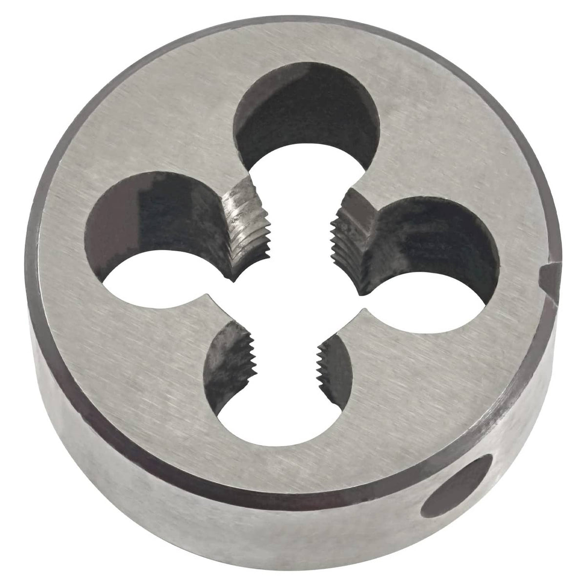 Round right-hand machine thread die showing four internal thread cutouts