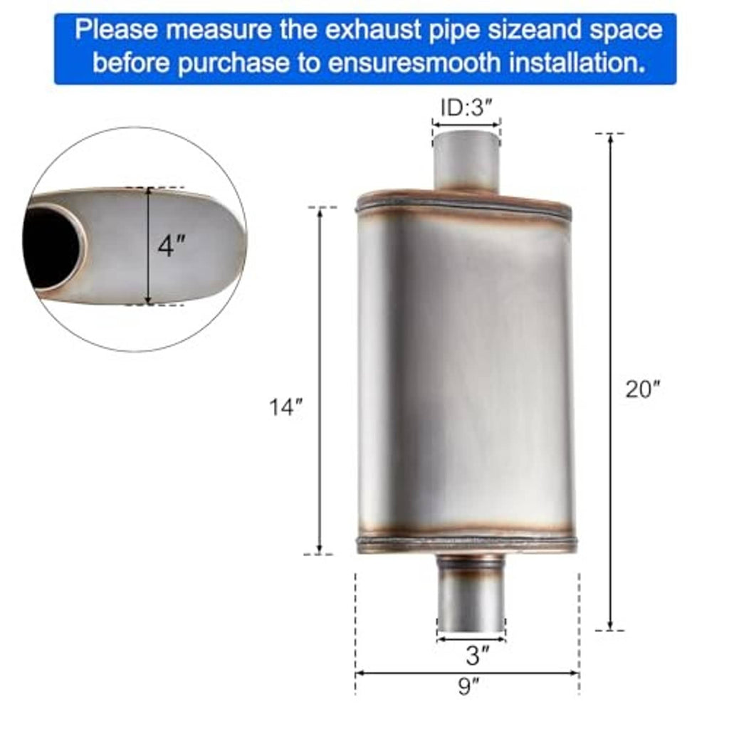 Stainless muffler with visible measurements: 14 in length and 3 in inlet