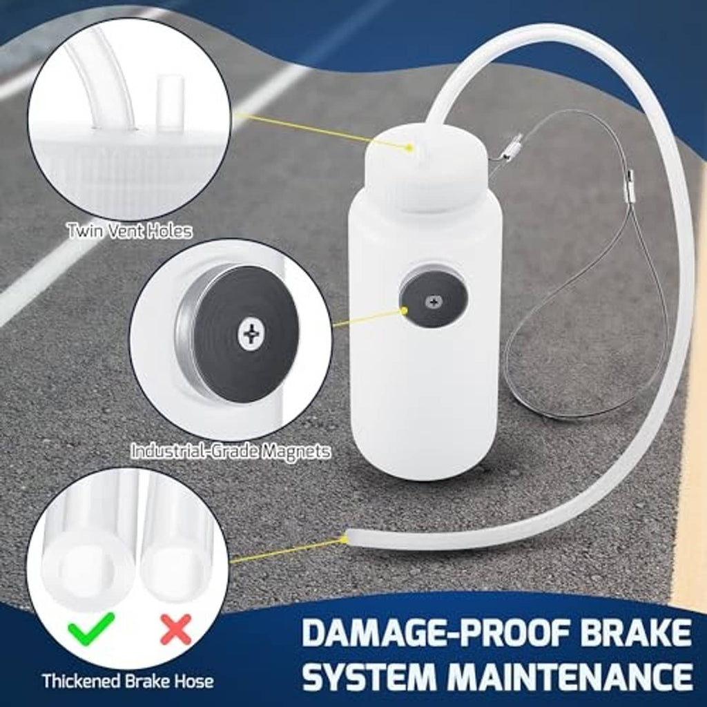 Brake bleeder bottle kit with white reservoir, black magnet cover, and two hoses