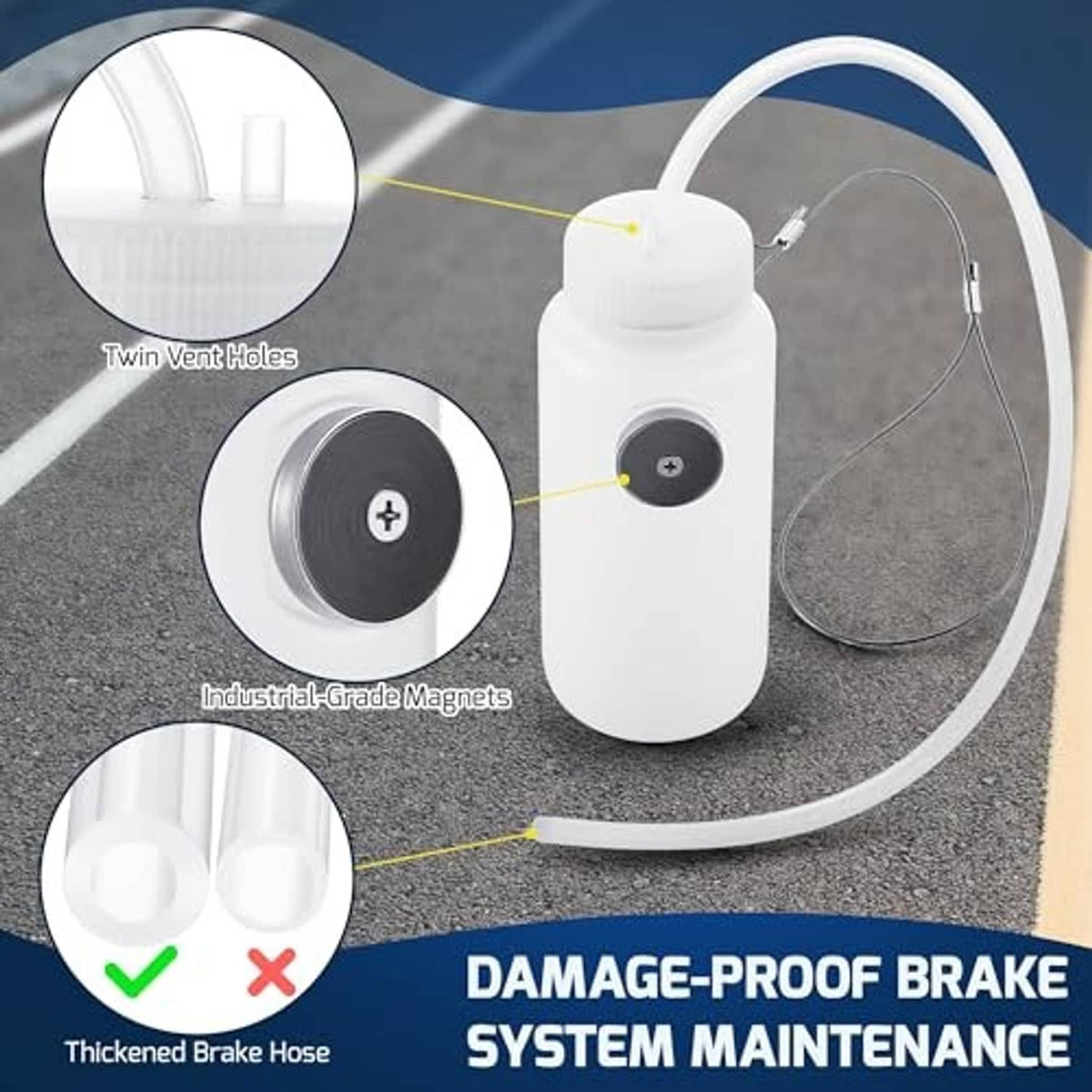 Brake bleeder bottle kit with white reservoir, black magnet cover, and two hoses