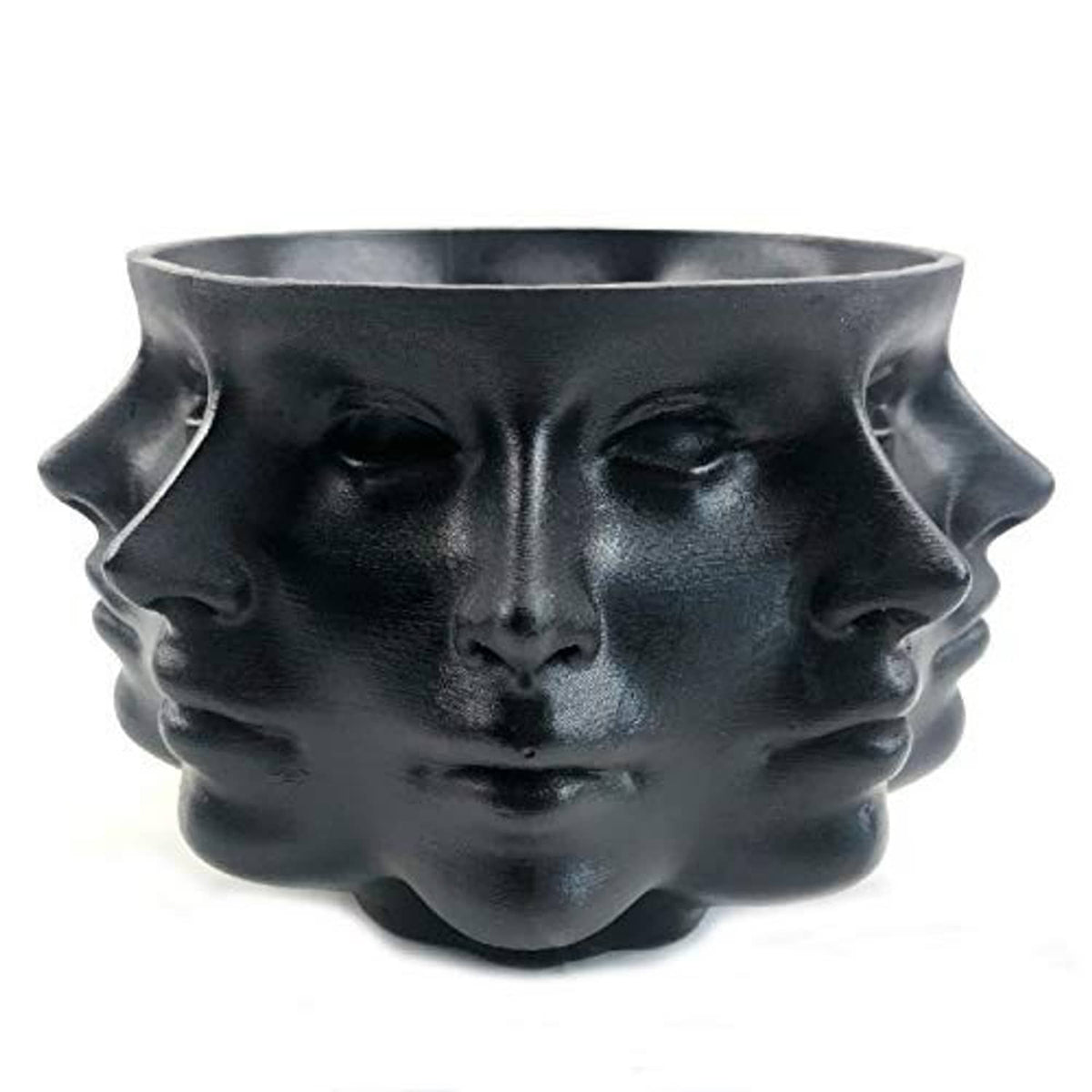 Black multi-face succulent planter vase with face relief detail.