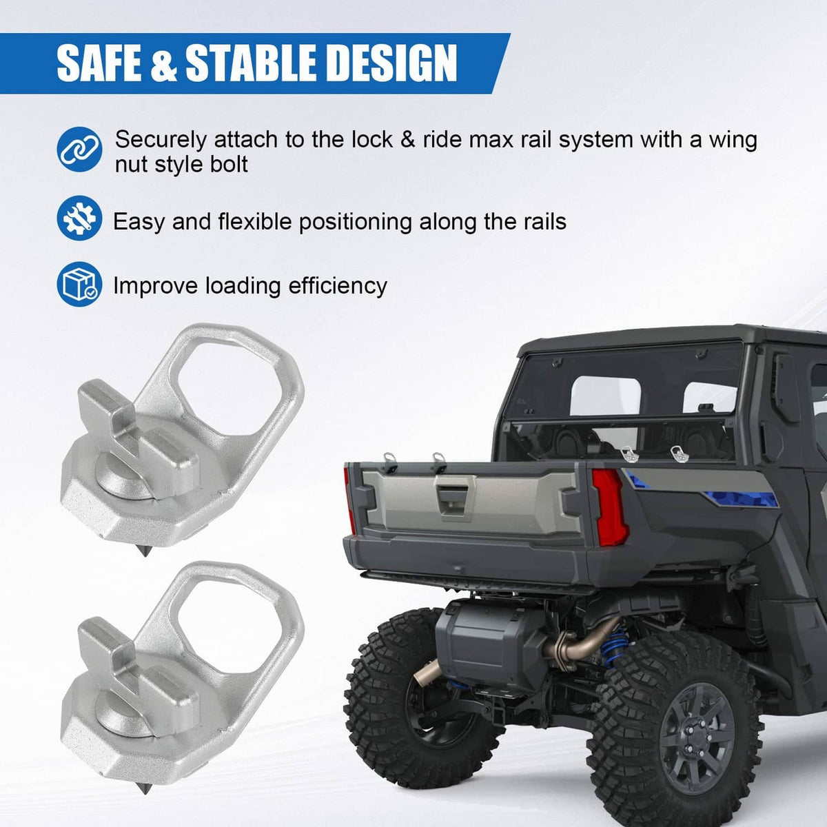 Lockable silver D-ring tie-down brackets, two pieces for rail system