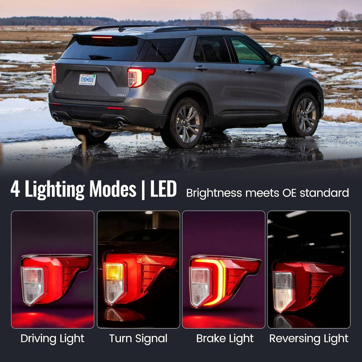 Right-side LED tail light with red lens and clear reflector, showing lighting modes.