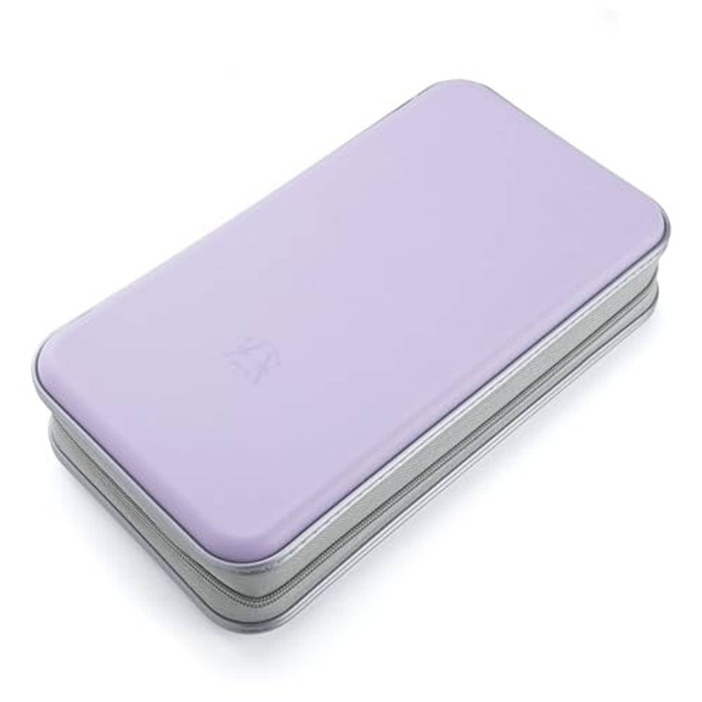 Lavender hard plastic CD case organizer wallet with gray zipper edge and rounded corners.