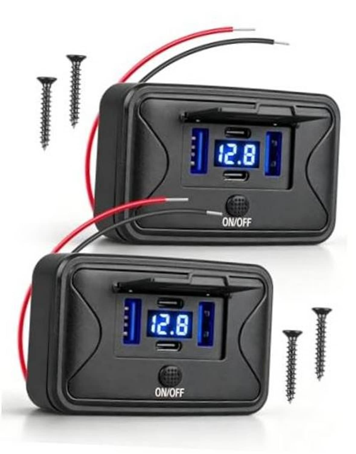 Black dual 12V USB outlet with 4 USB ports and blue voltage display screen
