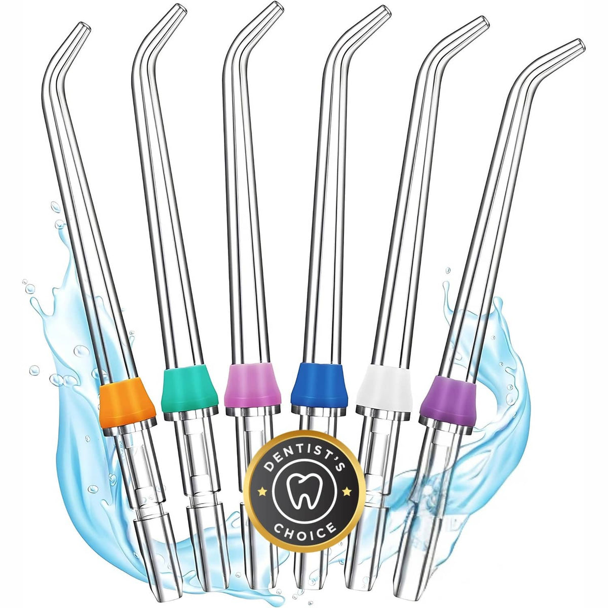 Water flosser replacement tips with 6 colored nozzle caps and metal stems