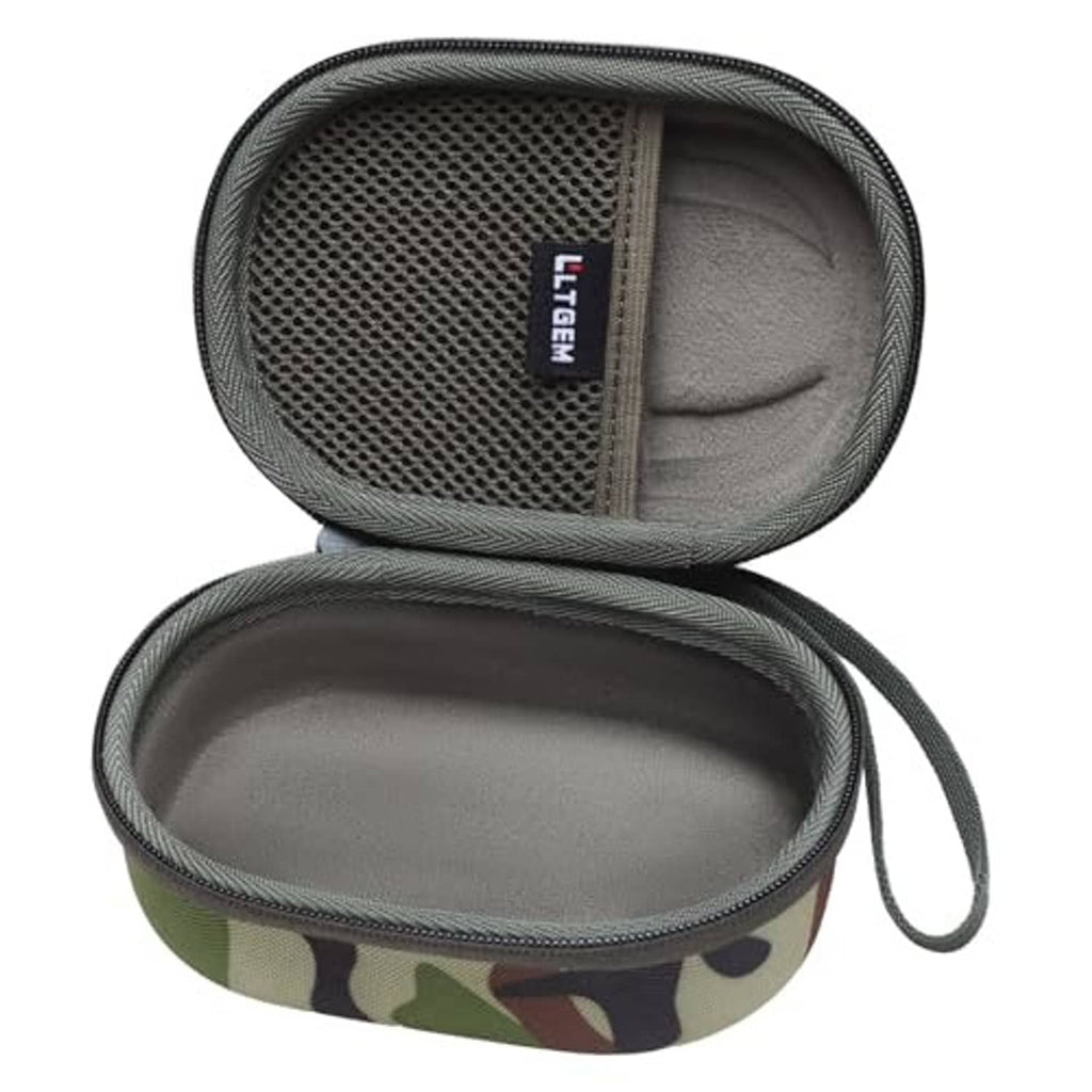 Open camo speaker case showing textured inner lining and mesh pocket