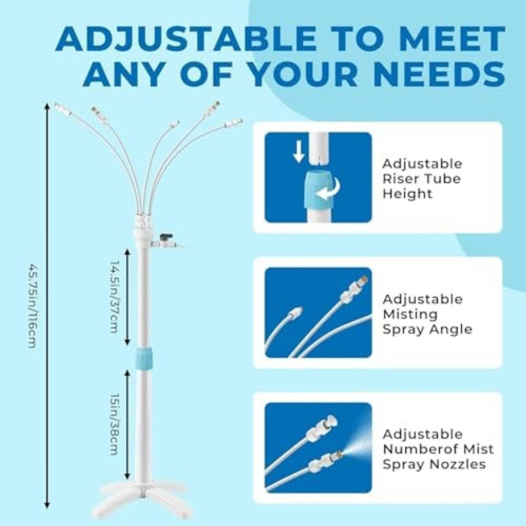 Adjustable patio mister diagram showing riser height, mist spray angle, and nozzle range