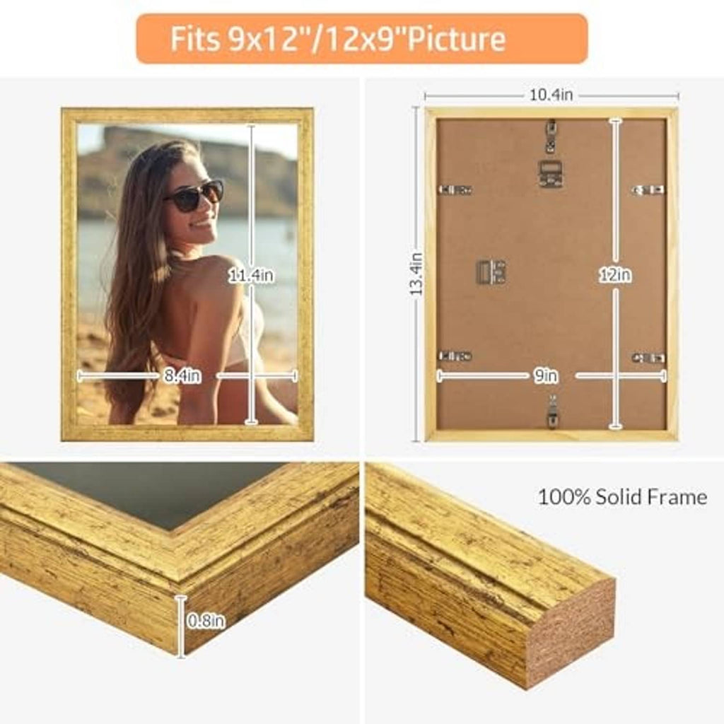 Gold wood picture frame back with mounting hardware and 9x12 dimensions