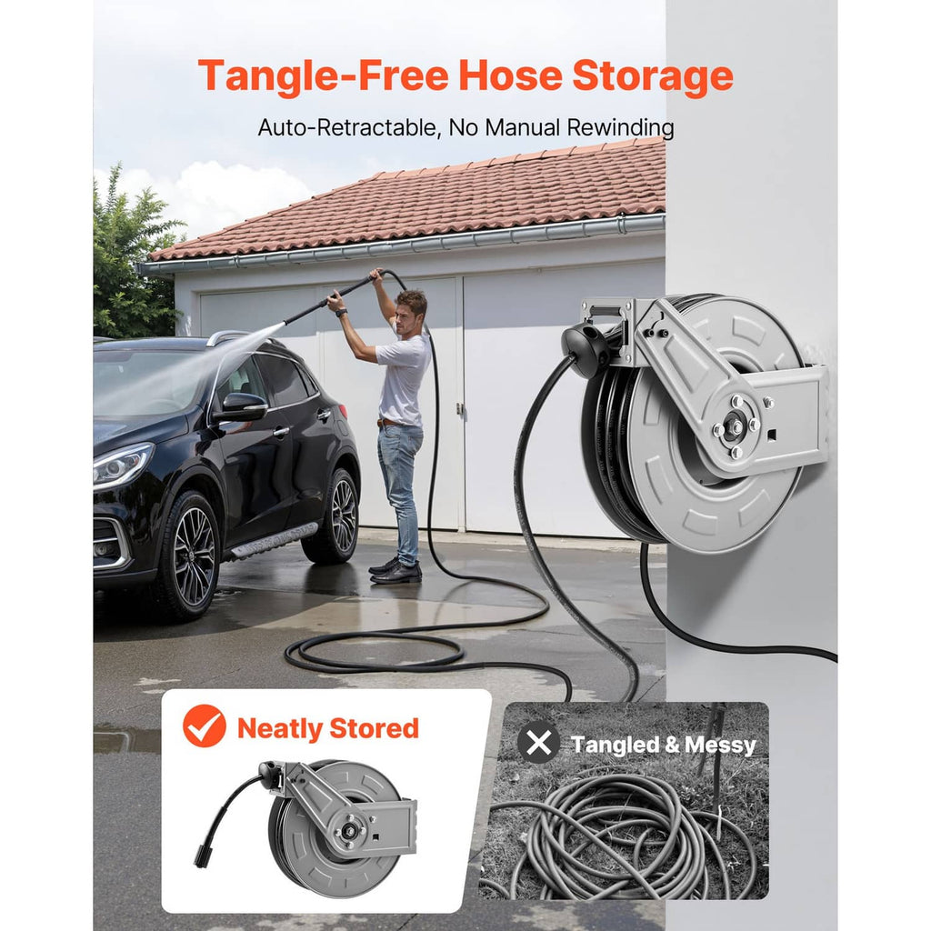 Retractable pressure washer hose reel mounted on exterior wall with hose stored