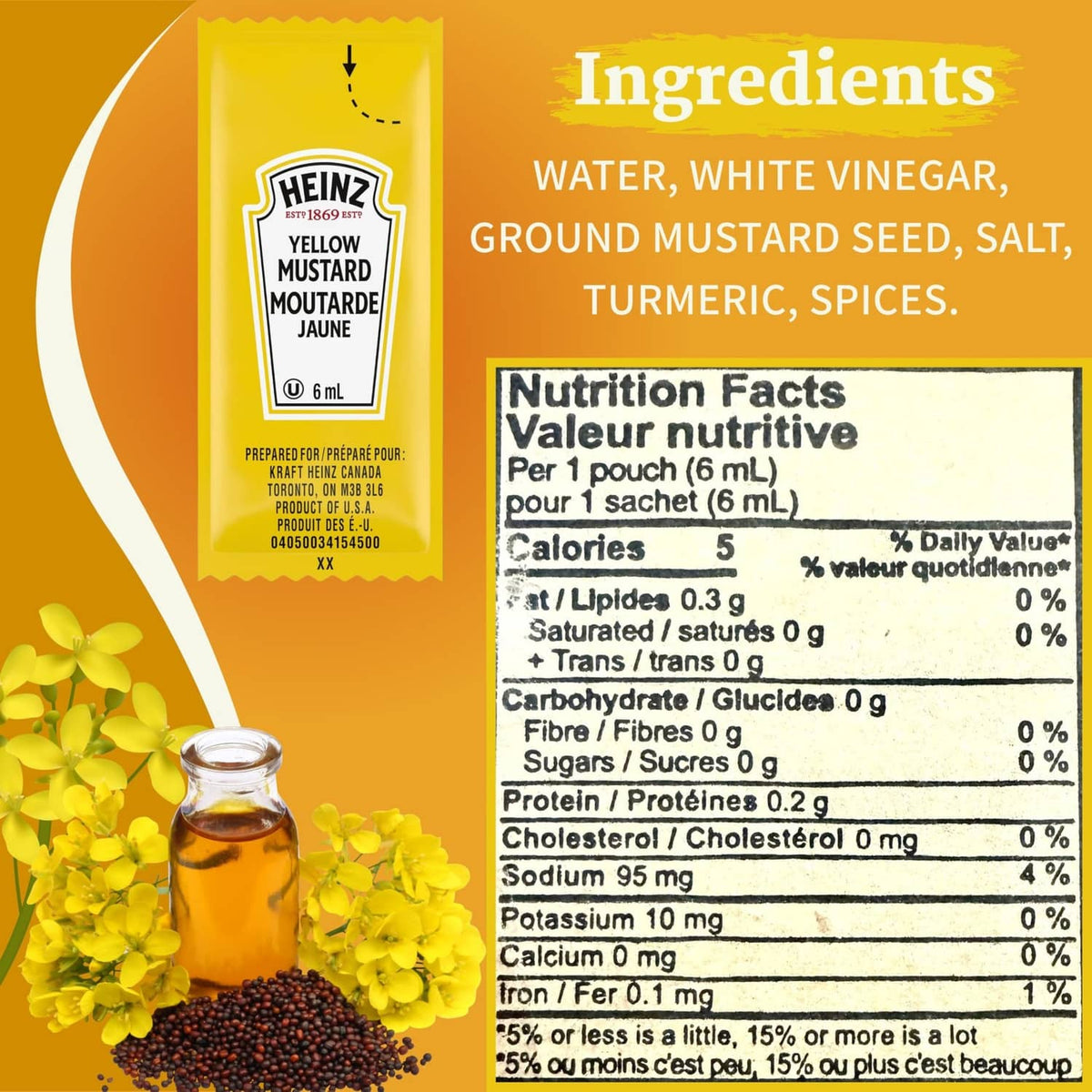Heinz yellow mustard condiment packet ingredients and nutrition facts, 6 mL