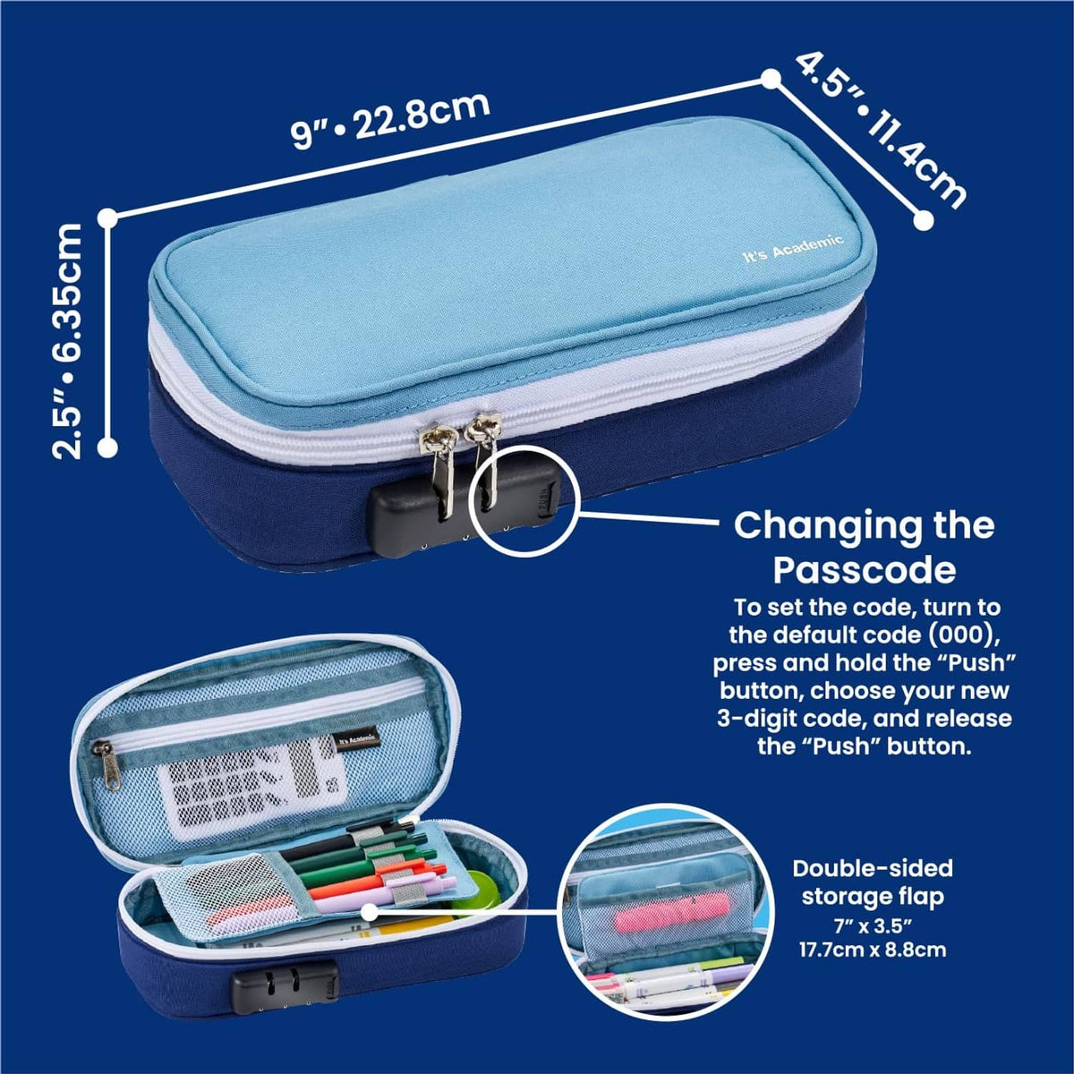 Blue locking pencil case with double-sided storage flap and visible passcode lock.
