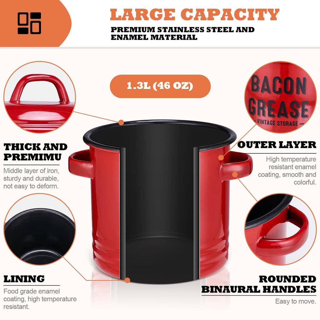 Red enamel grease storage container with black interior insert, double handles