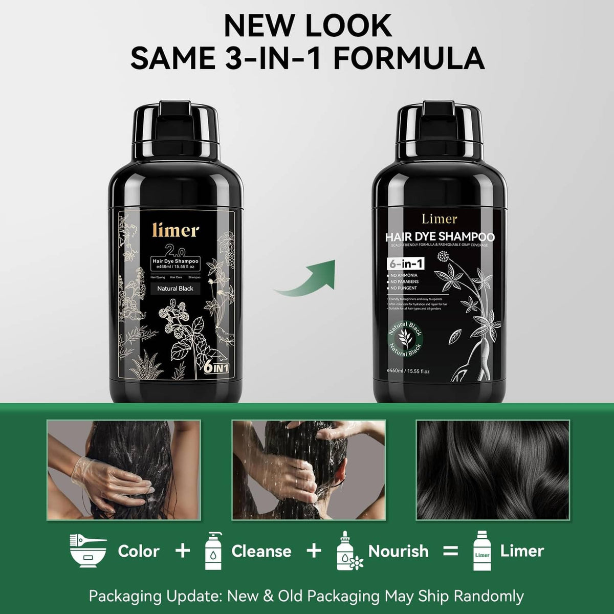 Hair dye shampoo bottle pair showing updated 3-in-1 formula