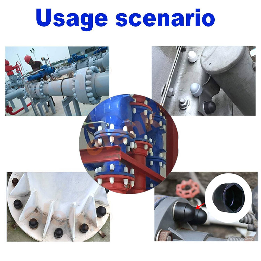 Black domed bolt head covers fitted on industrial equipment hardware