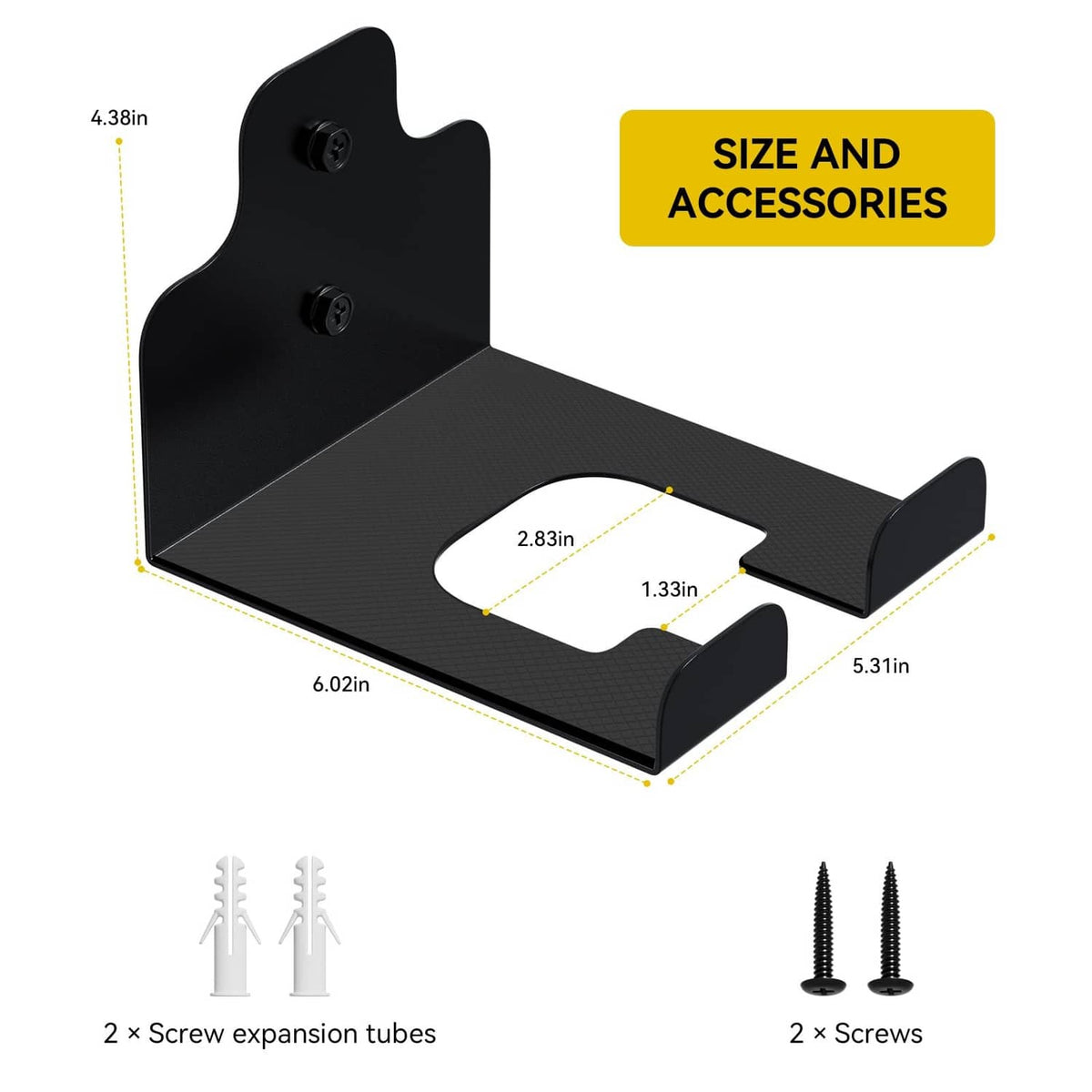Black trimmer rack bracket with size guide, screws, and expansion tubes included