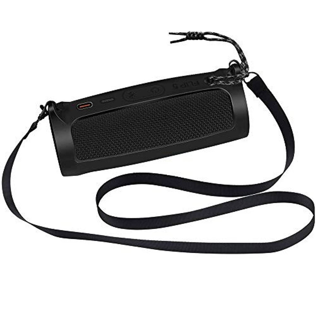 Black silicone speaker case with carry strap, showing speaker end and attachment loop