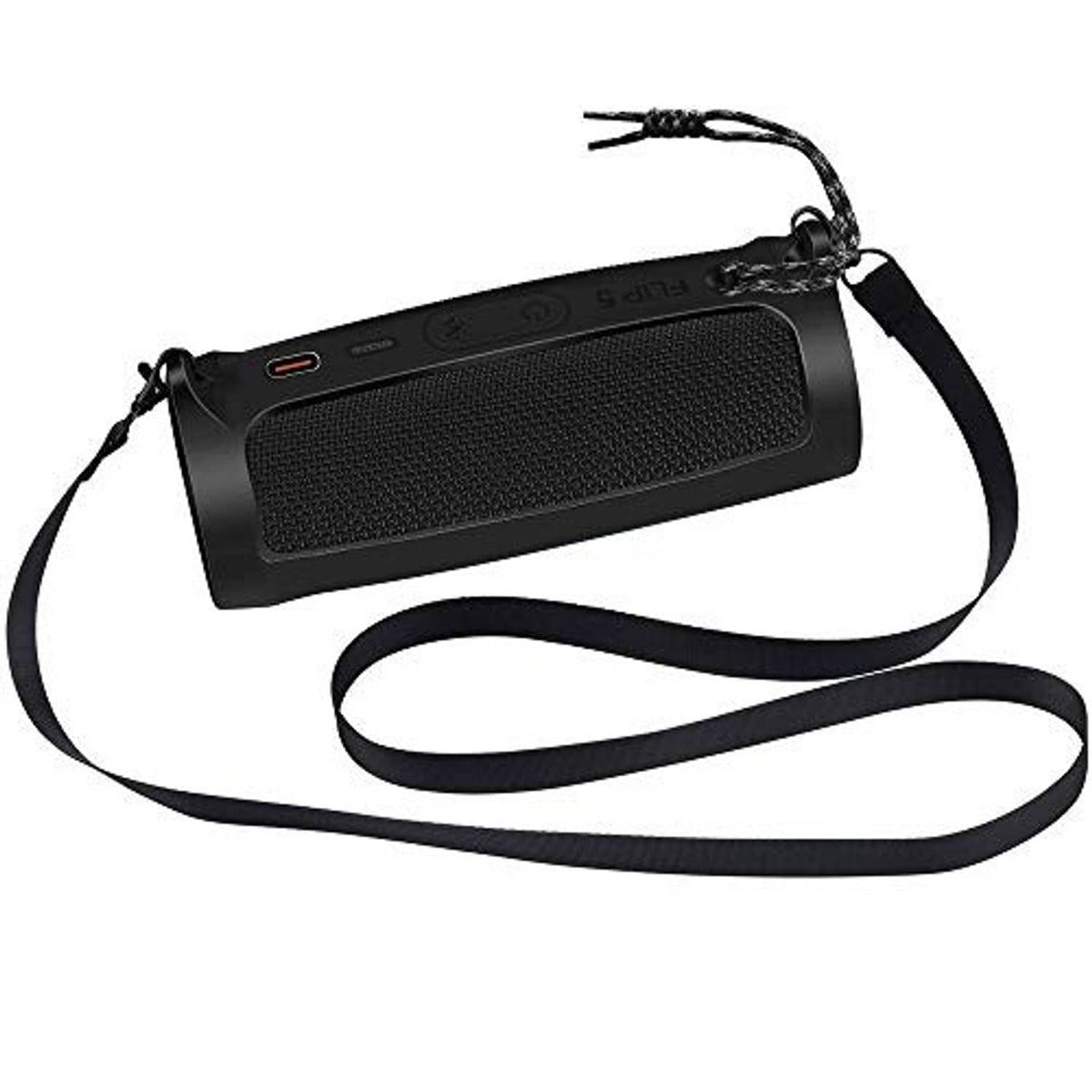 Black silicone speaker case with carry strap, showing speaker end and attachment loop