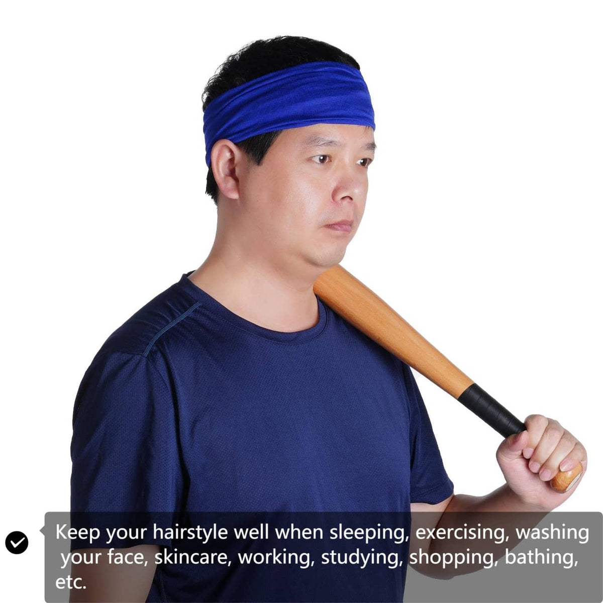 Blue tube head wrap cap worn by a person, full head and side view