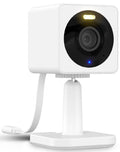 White indoor/outdoor Wi‑Fi security camera with lens window and base stand