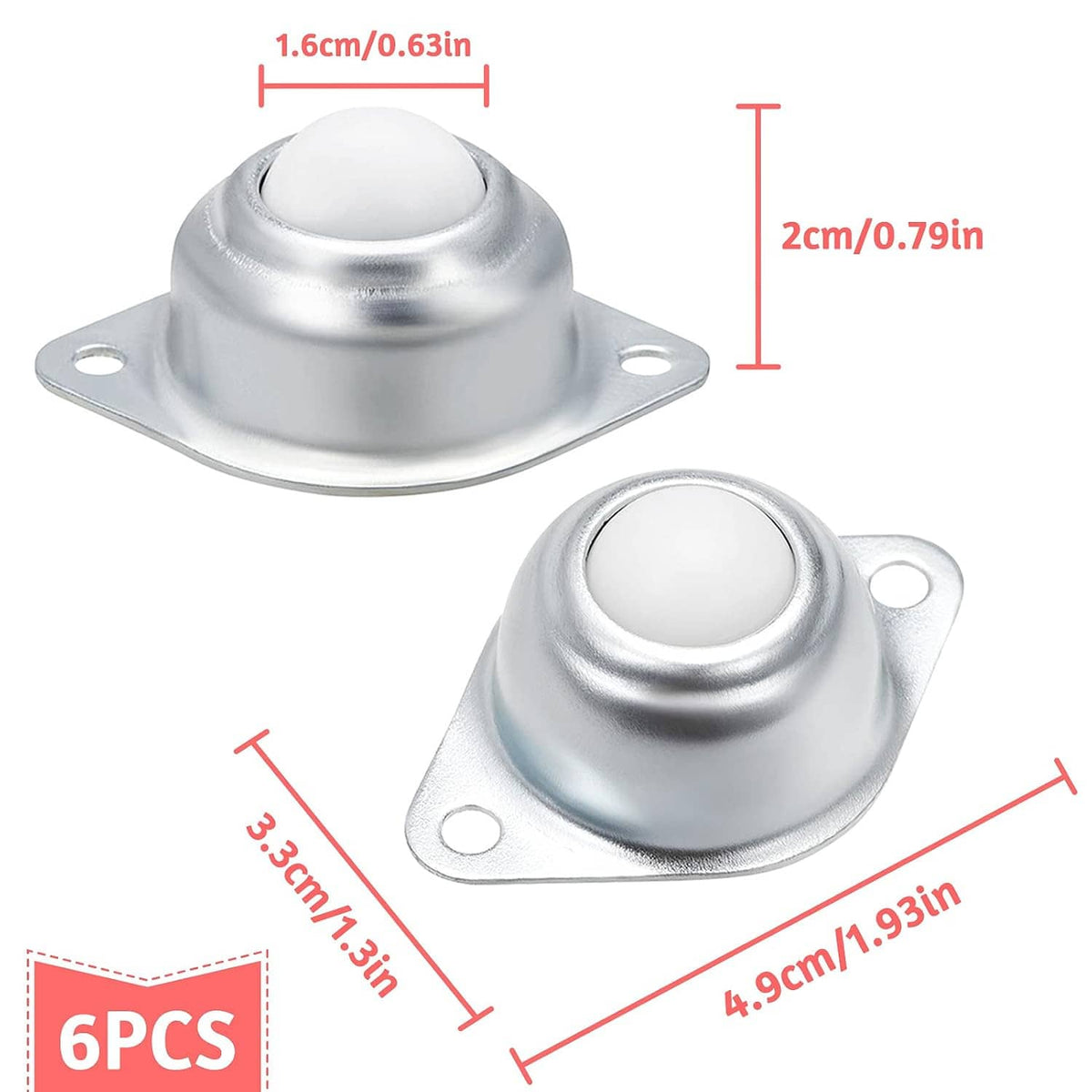 Chrome ball transfer roller caster with mounting plate and swiveling top, size shown