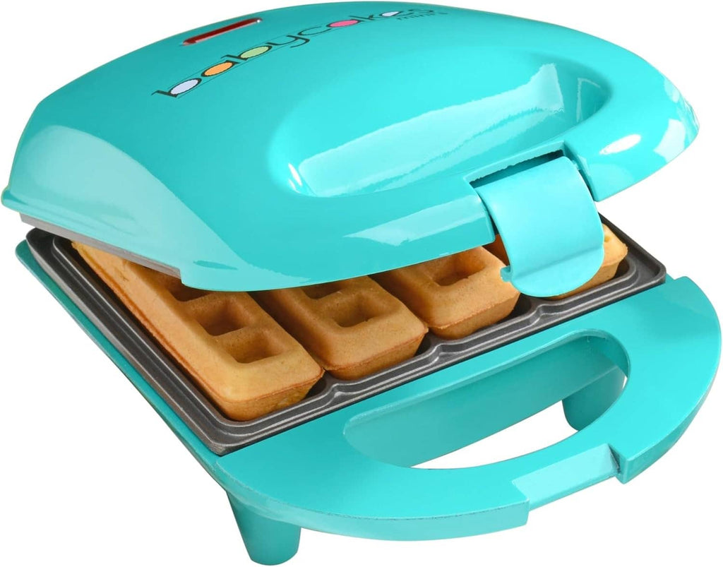 Mini waffle stick maker, teal electric waffle iron with hinged lid and nonstick waffle tray