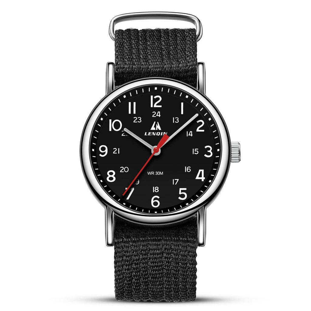 Men's black dial analog sport watch with black nylon strap and silver round case